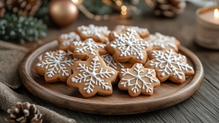 Fototapeta premium A rustic wooden plate holds neatly arranged Christmas cookies shaped like snowflakes, decorated with white icing under soft lighting