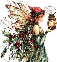 Fototapeta premium Fairy in Green Dress Holding Lantern with Holly Wings 