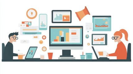 A digital marketing team working on a growth campaign, surrounded by computers, tablets