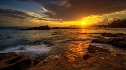 Golden Sunset Over the Rocky Shore
