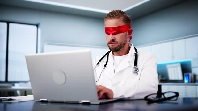 Confused Blindfolded Medical Doctor Concept. Hospital Worker