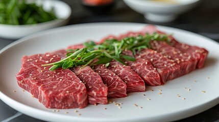 Close Up Premium High Quality Japanese Kobe Raw Beef On White Plate 