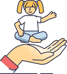 Illustration of a child sitting on a supportive hand, symbolizing care and protection in childcare.