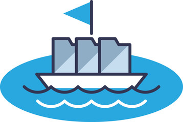 Obraz premium Illustration of a boat carrying file folders on a lake, symbolizing a data lake storing vast amounts of data.