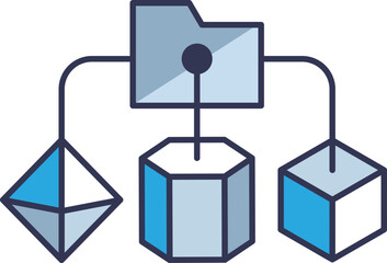Illustration of a data pipeline orchestration with a folder and connected geometric shapes representing data flow and processing.