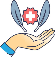 Illustration of a hand, feathers, and a medical cross symbolizing indigenous health and healing.