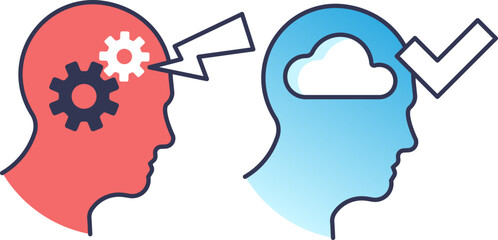 Illustration of mental health: one head with gears symbolizing stress, another with a cloud and checkmark representing clarity and well-being.