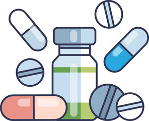 Illustration of various pills and a medicine bottle, symbolizing medication and pharmaceutical treatments.