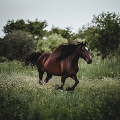 Fototapeta premium Galloping Horse in Lush Meadow with Flowing Mane
