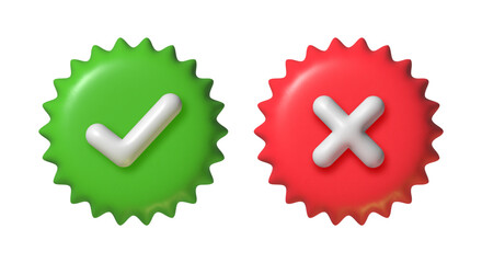 3d buttons of Yes and No. Realistic right and wrong icon. Plastic red cross and green tick on star badge