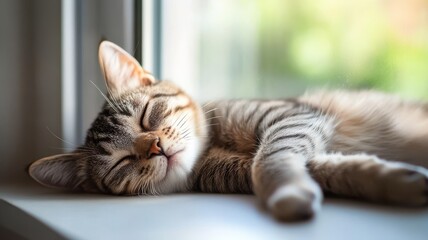 A peaceful tabby cat resting on a windowsill, basking in sunlight.