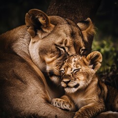 Lion Cub Snuggling with Mother in Nature