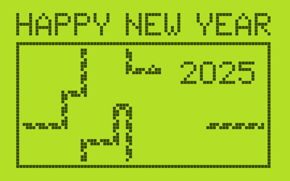 2025 Happy new year retro poster. Pixel snake game on green screen