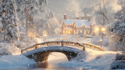 A snow-covered bridge leading to a grand estate decorated for Christmas