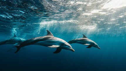 Fototapeta premium Dolphin Pod Swimming Together in Harmony Underneath the Blue Waves
