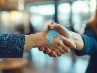 Close-up of handshake with a digital globe overlay symbolizing global business partnership.