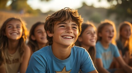 Fototapeta premium A group of young boys and girls sitting on park benches, laughing together at sunset. The focus is on one boy in the center with his eyes closed, smiling