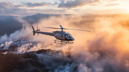 Helicopter flying over volcanic landscape at sunset