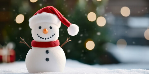 joyful snowman with Santa hat stands tall in snowy landscape, surrounded by festive lights and warm holiday atmosphere