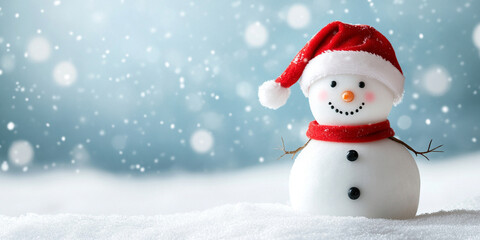 Fototapeta premium cheerful snowman wearing bright red Santa hat stands in snowy landscape, surrounded by falling snowflakes, evoking joyful winter atmosphere