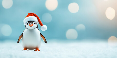cheerful penguin wearing Santa hat stands in winter wonderland, surrounded by soft snow and dreamy blue background. This festive scene captures joy of holiday season