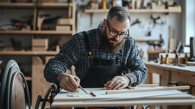 focused image of a bearded entrepreneur in a wheelchair skillfully crafting a project in his workshop, surrounded by tools and materials, capturing his dedication and passion for h - Powered by Adobe