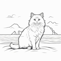 Obraz premium cat on a beach with mountains and sea in a line art style under cloudy skies