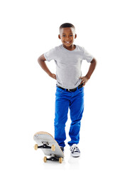 Studio, portrait and black boy with skateboard for playing, training or practice for game. Mockup space, happy kid or child with sports equipment for riding, coordination or ready by white background