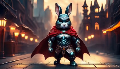 Rabbit wearing a batman cape and mask on a miniature Gotham City background