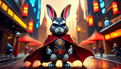 Rabbit wearing a batman cape and mask on a miniature Gotham City background