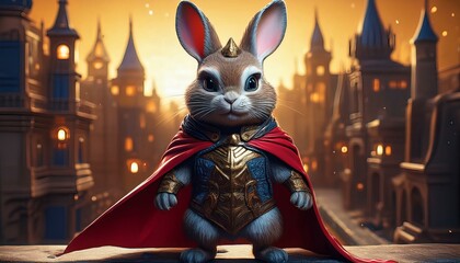 Rabbit wearing a batman cape and mask on a miniature Gotham City background