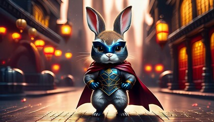 Rabbit wearing a batman cape and mask on a miniature Gotham City background