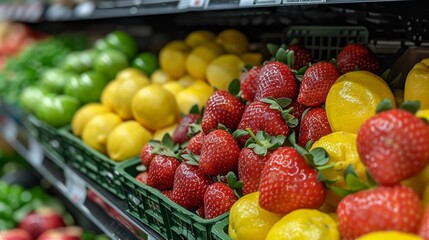 Colorful fruits and vegetables in the produce section of the grocery store 