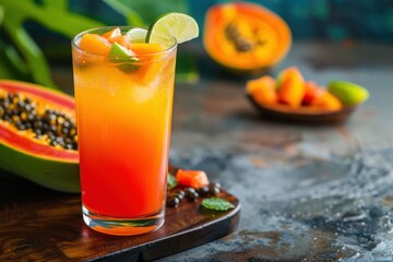 Fototapeta premium Papaya Tequila Sunrise with papaya chunks and lime, served in a tall glass, tropical setting, copy space