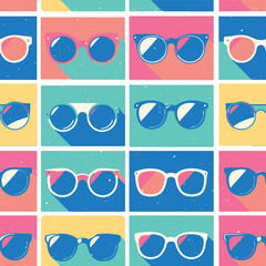 Retro Sunglasses Seamless Pattern in Bold Pop Art Style with Vibrant Blocks of Color in Vector Format for Digital and Print Projects