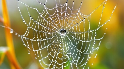 A dew-covered spider web in the early morning.