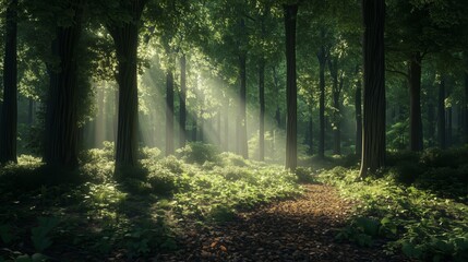 A dense forest with sunlight filtering through the trees.