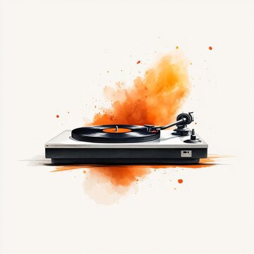 recommend clip art: A classic vinyl record player spinning flat design, side view, retro music theme, watercolor, Triadic Color Scheme