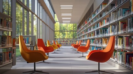 A library with voice-activated book retrieval systems and chairs that adjust ergonomically based on the usera??s reading posture