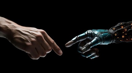 Naklejka premium A human hand reaching out to a robotic hand, symbolizing connection between humanity and technology.