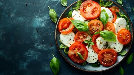 A vibrant Italian salad features layers of fresh mozzarella and ripe tomatoes, garnished with fragrant basil leaves and a drizzle of olive oil, perfect for a summer gathering