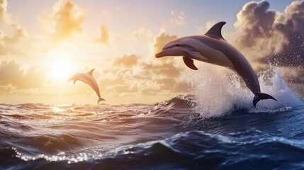 Obraz premium Dolphins Leaping in Ocean at Sunrise