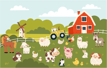 Set of flat vector illustration on white background. Domestic farm animals. Cow pig lamb sheep sheep horse dog cat goose duck hen rooster goat. Farm landscape. Vector illustration