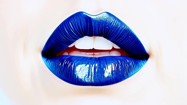 Close-up of glossy blue lips with slightly parted teeth, creating a bold and striking beauty look.