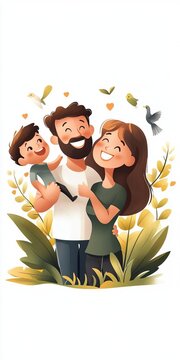 recommend clip art: Family taking a group selfie together flat design, side view, social media theme, watercolor, Splitcomplementary color scheme