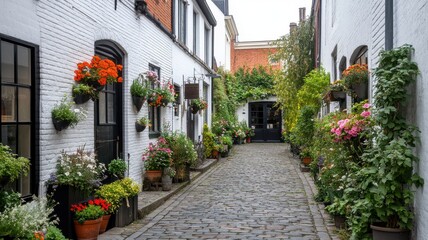 Charming narrow alley lined with colorful flowers and plants in pots.