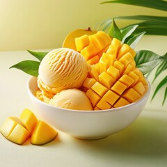 A refreshing bowl of mango ice cream served with fresh mango chunks and leaves, perfect for a tropical dessert.