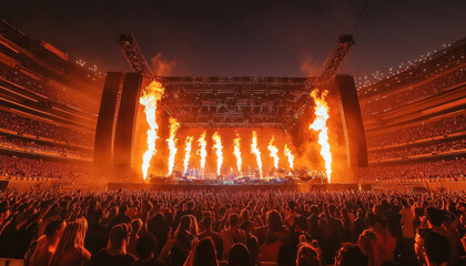 Rock band performing live on stage with pyrotechnics and fans cheering