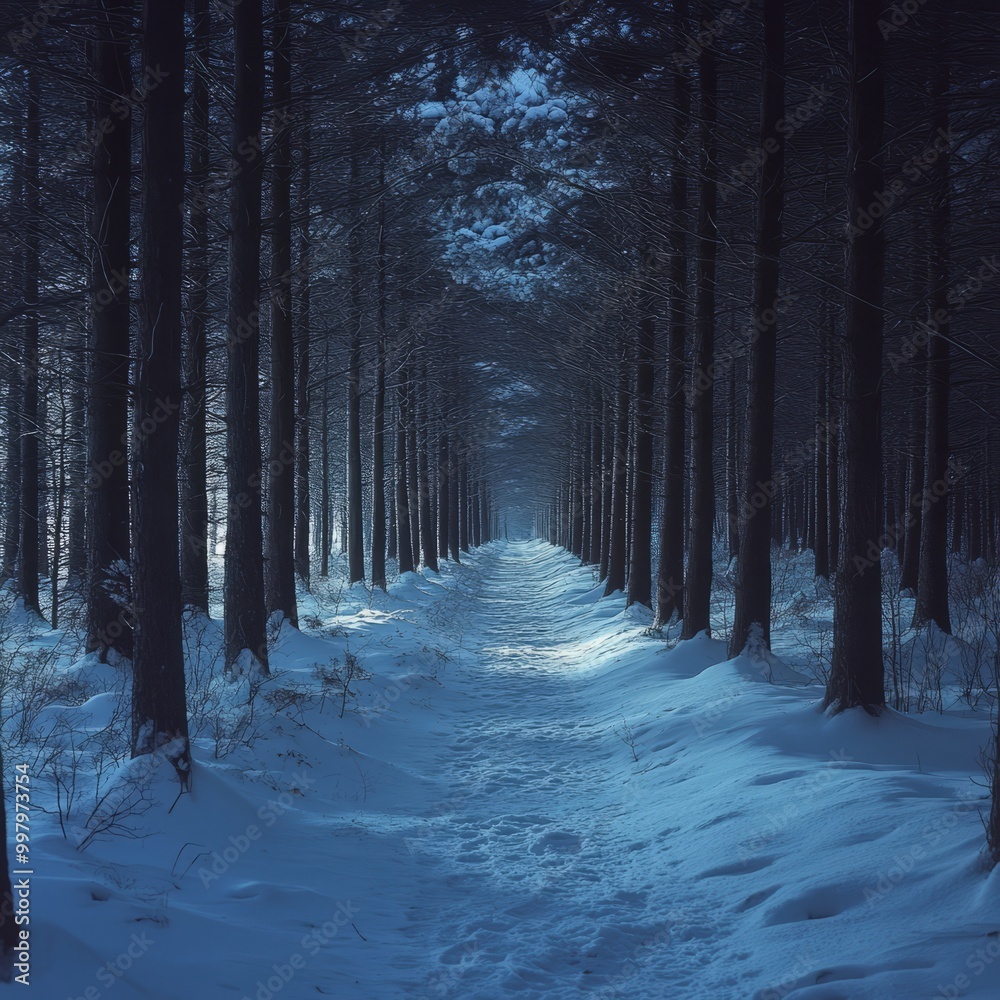 Canvas Prints A snowy path through a dense forest, illuminated by a faint light at the end.