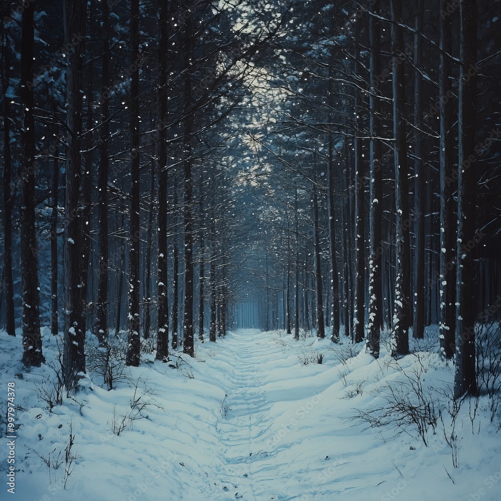 Canvas Prints A snowy path winds through a dark, dense forest, the light fading at the end of the path.